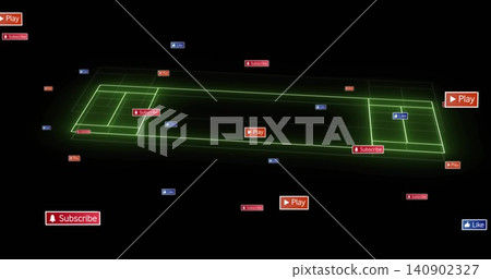 Floating neon-green court hovering in virtual 3D void, with scattered Play Subscribe Like badges Floating neon-green court hovering in virtual 3D void, with scattered Play Subscribe Like badges 140902327