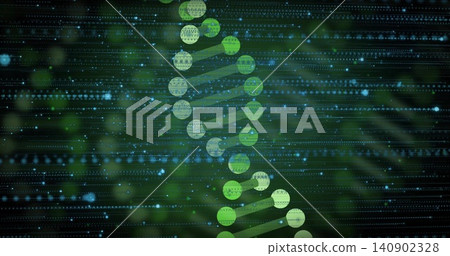 Glowing DNA helix spiraling vertically in digital display, showing green nodes, rungs and data Glowing DNA helix spiraling vertically in digital display, showing green nodes, rungs and data 140902328