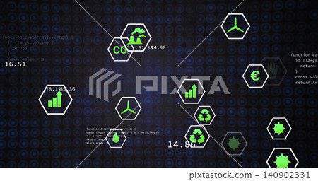 Displaying green hex icon cluster pulsing on dark UI, featuring energy, CO2 and code snippets Displaying green hex icon cluster pulsing on dark UI, featuring energy, CO2 and code snippets 140902331
