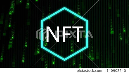 Displaying cyan neon hexagon logo showing bold NFT text in cyber background, cascading green code Displaying cyan neon hexagon logo showing bold NFT text in cyber background, cascading green code 140902340