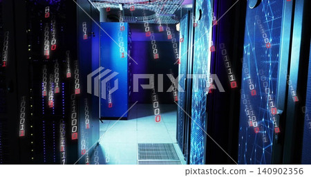 Displaying server racks glowing with LEDs in data center aisle, showing binary overlay and vents Displaying server racks glowing with LEDs in data center aisle, showing binary overlay and vents 140902356