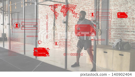 Leaning athlete in dark training gear against rig post at studio, with HUD overlays, copy space Leaning athlete in dark training gear against rig post at studio, with HUD overlays, copy space 140902404