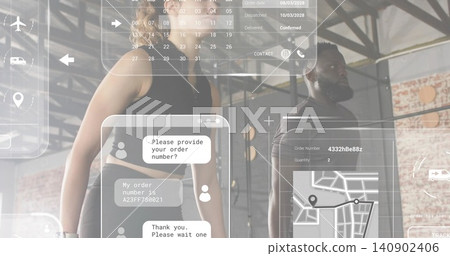 Posing partners in gym, woman sportsbra leggings, man dark tee, showing AR chat bubbles and map Posing partners in gym, woman sportsbra leggings, man dark tee, showing AR chat bubbles and map 140902406