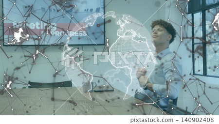 Checking tablet, sitting male wearing button-down shirt at wood table, AR globe overlay, copy space Checking tablet, sitting male wearing button-down shirt at wood table, AR globe overlay, copy space 140902408