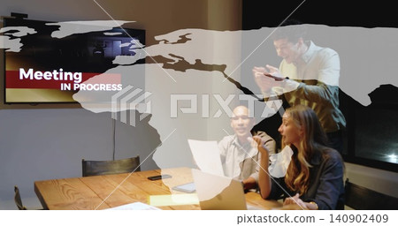 Talking team presenting in meeting room in suits with laptop display showing Meeting IN PROGRESS Talking team presenting in meeting room in suits with laptop display showing Meeting IN PROGRESS 140902409