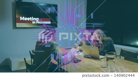 Discussing project at meeting table, three team wearing business attire pointing at laptop hologram Discussing project at meeting table, three team wearing business attire pointing at laptop hologram 140902444