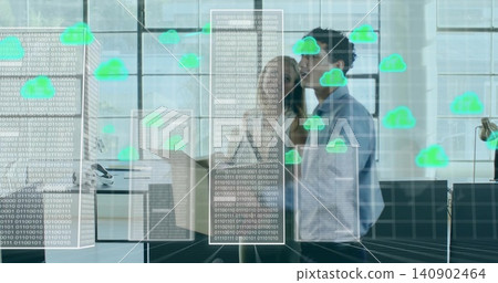 Analyzing team in collared shirts at office, viewing binary overlays and floating green cloud icons Analyzing team in collared shirts at office, viewing binary overlays and floating green cloud icons 140902464