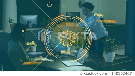 Analyzing coworkers in light blouse and button-up shirt studying monitor in office, viewing AR HUD Analyzing coworkers in light blouse and button-up shirt studying monitor in office, viewing AR HUD 140902467