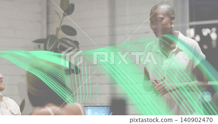 Presenting woman in collared top leading office meeting with laptop, green wave, copy space 140902470