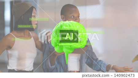 Holding tablet, presenter in denim jacket gesturing at neon 3D brain labeled AI in office meeting Holding tablet, presenter in denim jacket gesturing at neon 3D brain labeled AI in office meeting 140902473