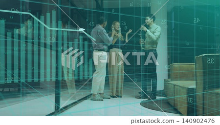 Clinking champagne flutes, business casual trio chatting in office atrium with glass data display Clinking champagne flutes, business casual trio chatting in office atrium with glass data display 140902476