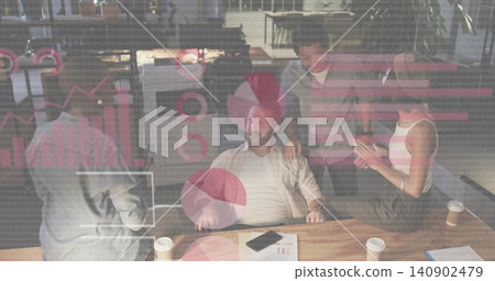Leading bearded man in light jacket reviewing charts tapping phone in office, pink data on glass Leading bearded man in light jacket reviewing charts tapping phone in office, pink data on glass 140902479