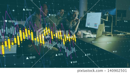 Analyzing analysts in business wear reviewing charts at office with laptop and financial overlay Analyzing analysts in business wear reviewing charts at office with laptop and financial overlay 140902501