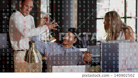 Leaning seated man wearing buttondown shirt, holding coffee mug in open office with binary overlay Leaning seated man wearing buttondown shirt, holding coffee mug in open office with binary overlay 140902502