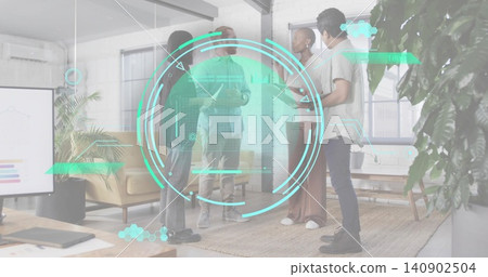 Discussing four colleagues wearing smart-casual outfits standing in loft lounge, with teal HUD Discussing four colleagues wearing smart-casual outfits standing in loft lounge, with teal HUD 140902504