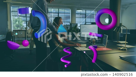 Typing seated woman in dress viewing monitor charts at open-plan office amid floating purple shapes Typing seated woman in dress viewing monitor charts at open-plan office amid floating purple shapes 140902516