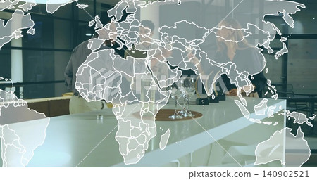 Discussing, three colleagues in suits leaning around bar-height table in office, world map overlay Discussing, three colleagues in suits leaning around bar-height table in office, world map overlay 140902521