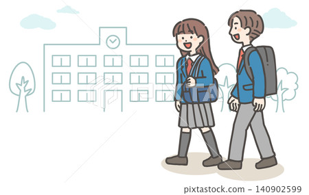 Two students (a middle school student and a high school student) in winter uniforms are seen chatting as they walk past the school. Two students (a middle school student and a high school student) in winter uniforms are seen chatting as they walk past the school. 140902599