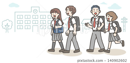 四個穿著夏季校服的學生(國中生和高中生)邊聊天邊走過學校。 四個穿著夏季校服的學生(國中生和高中生)邊聊天邊走過學校。 140902602