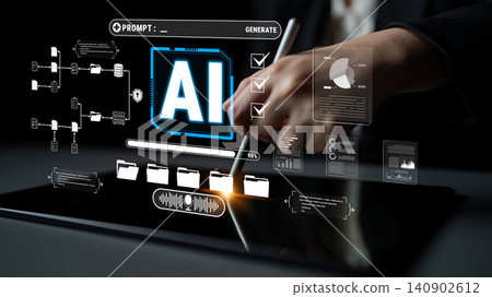 Hand Interacting with AI Technology on Tablet Screen Displaying Data Analytics and Graphs in a Modern Business Environment Quark 140902612