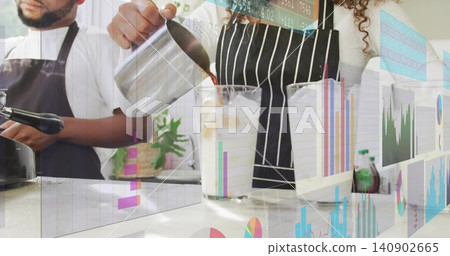Pouring barista in striped apron making iced coffee at cafe counter, using pitcher with data charts Pouring barista in striped apron making iced coffee at cafe counter, using pitcher with data charts 140902665