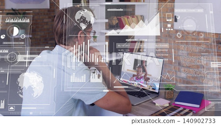 Watching man in light-blue shirt resting chin, viewing laptop call in home study with AR overlays Watching man in light-blue shirt resting chin, viewing laptop call in home study with AR overlays 140902733