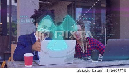 Pointing man navy-blazer giving thumbs-up, peer in red-plaid studying laptops at cafe, AR symbol 140902738