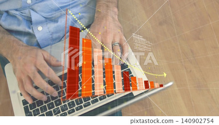 Typing hands with metal ring in light blue shirt using laptop on wooden desk, 3D overlay Typing hands with metal ring in light blue shirt using laptop on wooden desk, 3D overlay 140902754