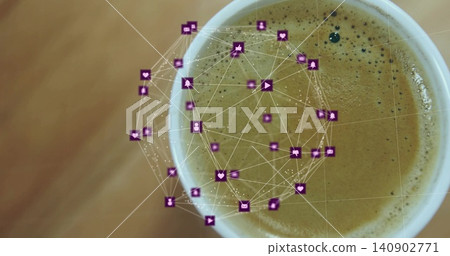 Displaying white cup of coffee with crema and foam bubbles on wooden tabletop, with purple network Displaying white cup of coffee with crema and foam bubbles on wooden tabletop, with purple network 140902771