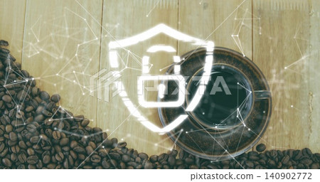 Overlaying glowing shield with padlock centering over cafe table, with coffee beans and ceramic cup Overlaying glowing shield with padlock centering over cafe table, with coffee beans and ceramic cup 140902772