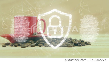 Floating faint security shield with padlock over wood table, red cup, saucer, coffee beans, prints Floating faint security shield with padlock over wood table, red cup, saucer, coffee beans, prints 140902774