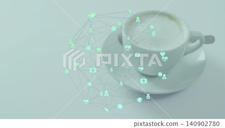 Displaying white cappuccino cup sitting on saucer with teaspoon on table, teal overlay, copy space Displaying white cappuccino cup sitting on saucer with teaspoon on table, teal overlay, copy space 140902780