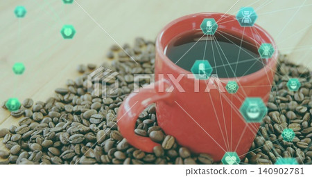 Sitting red mug filled with black coffee on wood tabletop, beans, teal hexagon icons, copy space Sitting red mug filled with black coffee on wood tabletop, beans, teal hexagon icons, copy space 140902781