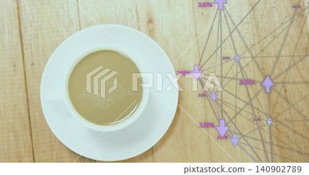 Showing white cup and saucer holding brown coffee with leaf-foam on wood table, with purple overlay Showing white cup and saucer holding brown coffee with leaf-foam on wood table, with purple overlay 140902789
