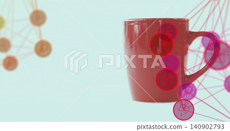 Showing shiny red ceramic mug upright on pale mint table, with network graphics overlay, copy space Showing shiny red ceramic mug upright on pale mint table, with network graphics overlay, copy space 140902793