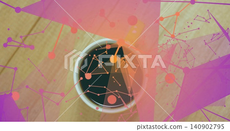 Sitting white cup holding black coffee on wood table, showing pink purple orange geometric overlay 140902795