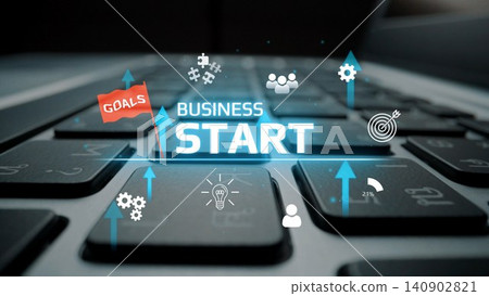 Business Startup Concept with Keyboard, Goals, Arrows, and Icons Representing Growth, Innovation, and Success in a Digital Environment. Entropy Business Startup Concept with Keyboard, Goals, Arrows, and Icons Representing Growth, Innovation, and Success in a Digital Environment. Entropy 140902821