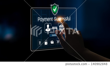 A sleek digital interface displaying a successful payment confirmation, featuring a security shield and user touch interaction, emphasizing modern technology and secure transactions. Sigmoid A sleek digital interface displaying a successful payment confirmation, featuring a security shield and user touch interaction, emphasizing modern technology and secure transactions. Sigmoid 140902848