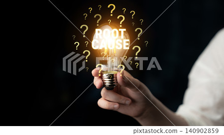 Bright Lightbulb with Text Root Cause Surrounded by Question Marks Representing Problem Solving and Analysis Concept in Business Environment. Glyphic Bright Lightbulb with Text Root Cause Surrounded by Question Marks Representing Problem Solving and Analysis Concept in Business Environment. Glyphic 140902859