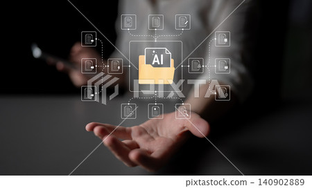 Digital representation of artificial intelligence concept with data connections and folder icon displayed on a hand against a dark background. Glyphic Digital representation of artificial intelligence concept with data connections and folder icon displayed on a hand against a dark background. Glyphic 140902889