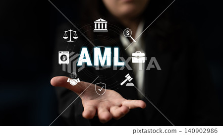 Business Professional Displaying Anti-Money Laundering Concept with Financial Symbols in a Dark Background for Compliance and Legal Environment. Glyphic Business Professional Displaying Anti-Money Laundering Concept with Financial Symbols in a Dark Background for Compliance and Legal Environment. Glyphic 140902986