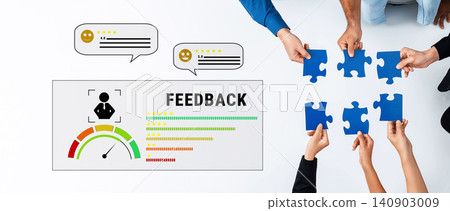 Hands Holding Blue Puzzle Pieces with Feedback Symbols and Rating Scale, Collaboration and Teamwork Concept, Engaging in Problem-Solving Activities Trope 140903009
