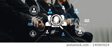 Professional Team Members Engaged in Recruitment Process with Digital Interface and Connection Symbols Representing Human Resources. Entropy 140903024