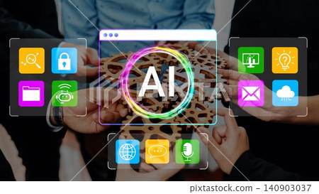 Collaborative Hands Reaching Towards Artificial Intelligence Concept with Digital Icons Representing Security, Communication and Technology in Business Gluon Collaborative Hands Reaching Towards Artificial Intelligence Concept with Digital Icons Representing Security, Communication and Technology in Business Gluon 140903037