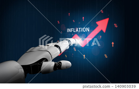Futuristic Robot Hand Pointing Towards Rising Inflation Graph with Percentage Symbols and Digital Background Haptic Futuristic Robot Hand Pointing Towards Rising Inflation Graph with Percentage Symbols and Digital Background Haptic 140903039