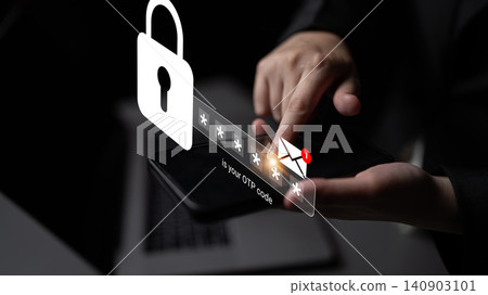 Secure Online Authentication Process with One-Time Password System, User Interacting with Mobile Device and Lock Icon Representing Safety Gantry 140903101