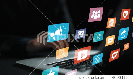 Digital Marketing Promotion Concept with Various Social Media Icons and Applications on Laptop for Online Engagement Strategy and Audience Development. Entropy Digital Marketing Promotion Concept with Various Social Media Icons and Applications on Laptop for Online Engagement Strategy and Audience Development. Entropy 140903193