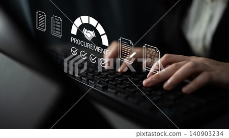 Hands typing on keyboard with procurement graphics overlay, showing business agreement and contract management in digital workspace. Glyphic Hands typing on keyboard with procurement graphics overlay, showing business agreement and contract management in digital workspace. Glyphic 140903234