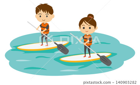 An illustration depicting a man and woman standing up on paddleboards. An illustration depicting a man and woman standing up on paddleboards. 140903282