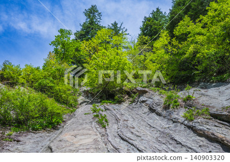 [Okusobana Valley] Cliffs and fresh greenery [Kinasato, Nagano City] 140903320